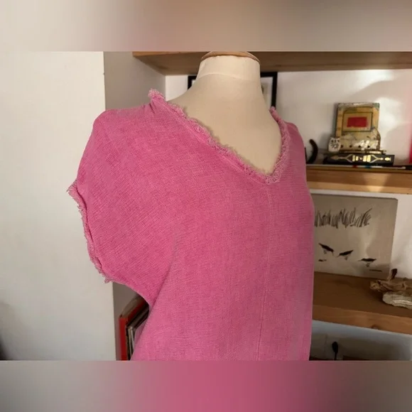 Venti6 Italian linen/cotton Bubblegum Pink Frayed Hem Maxi Dress - Picture 2 of 8